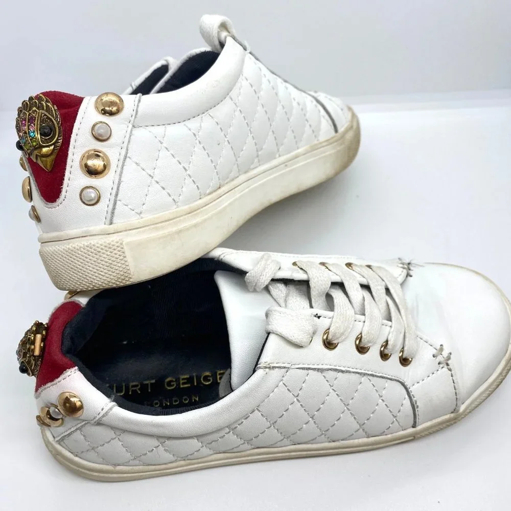 Kurt Geiger little‎ girls white sneakers shoes sz 1 quilted logo charm embossed